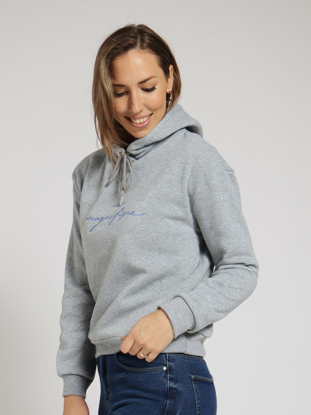 Magnifique Fleece Embroidered Hoody - Grey Melange