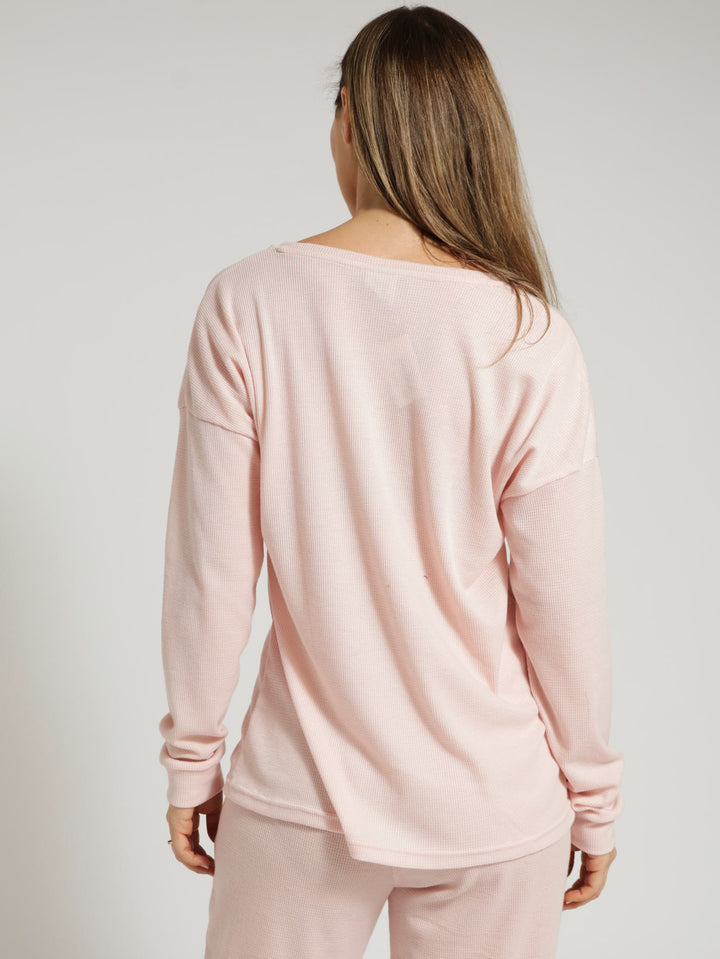 Long Sleeve Pullover Textured Waffle PJ Top - Pink