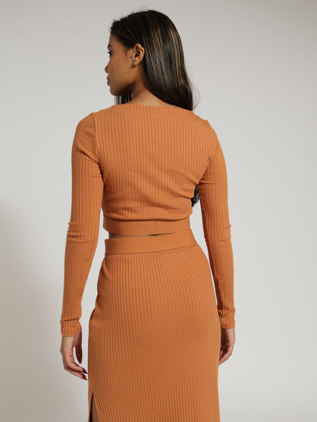 Ava Rib Boatneck Crop Top - Caramel