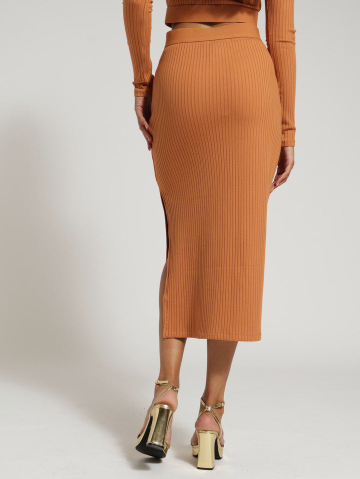 Elena High Waisted Rib Bodycon Midi Skirt - Caramel