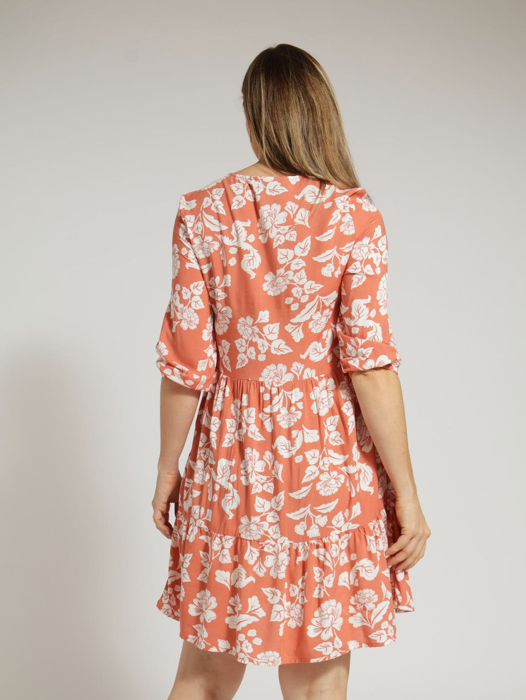 3/4 Sleeve Tiered Mini Dress - Terracotta