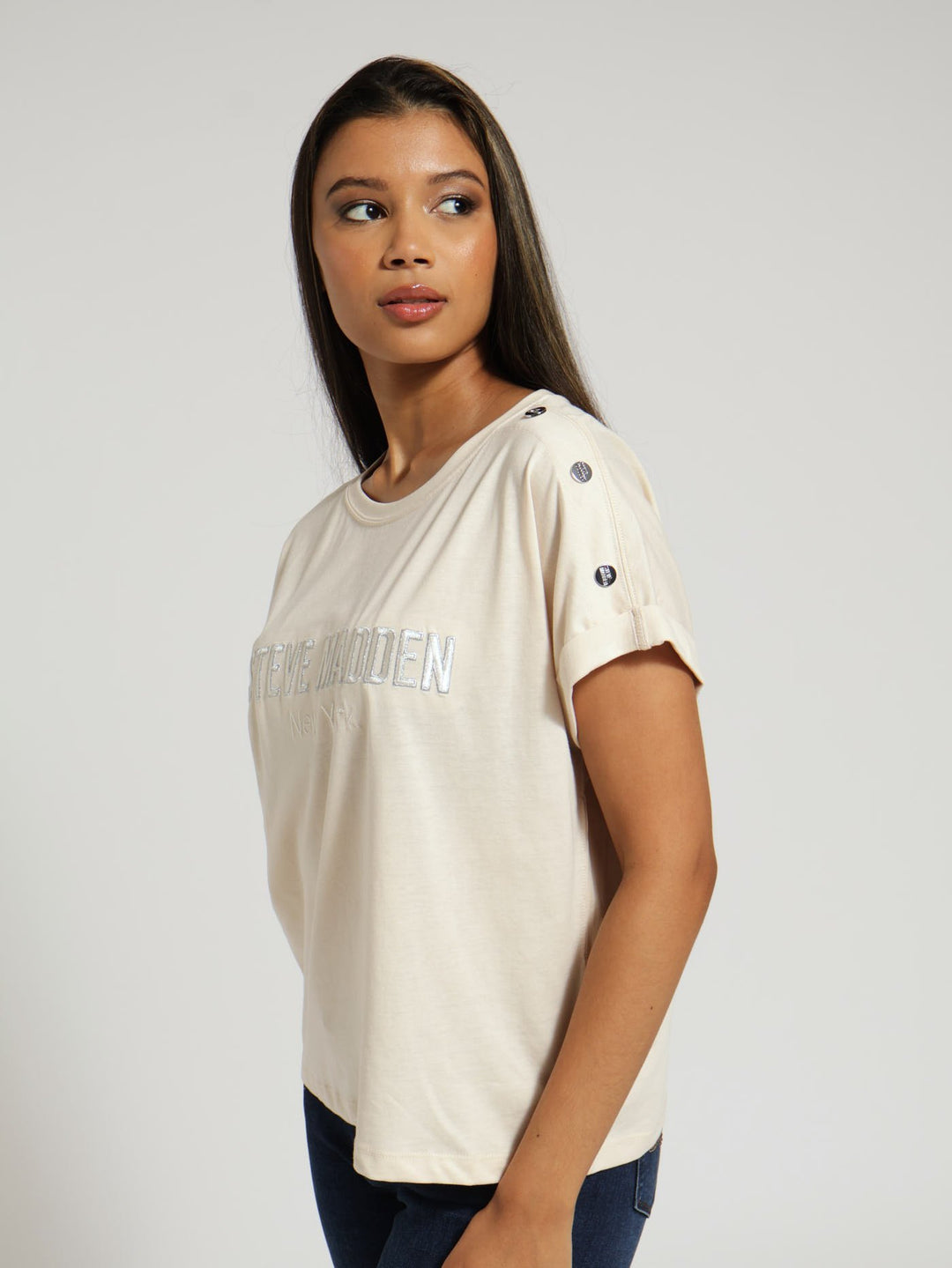 Diana Boxy Logo Tee With Shoulder Poppers - Stone