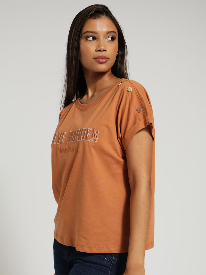 Diana Boxy Logo Tee With Shoulder Poppers - Caramel