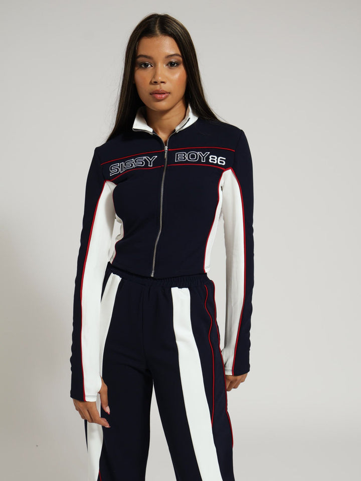 Fitted Zip Up Tracksuit Top - Navy/White