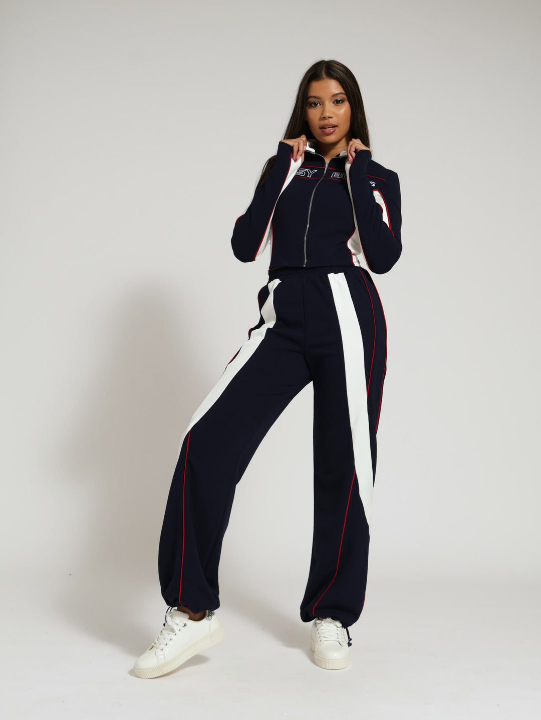 Wide Leg Tracksuit Pants With Drawcord Hem - Navy/White