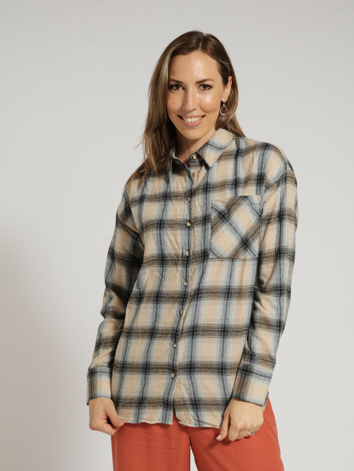 Long Sleeve Oversized Check Flannel Shirt - Blue/Black