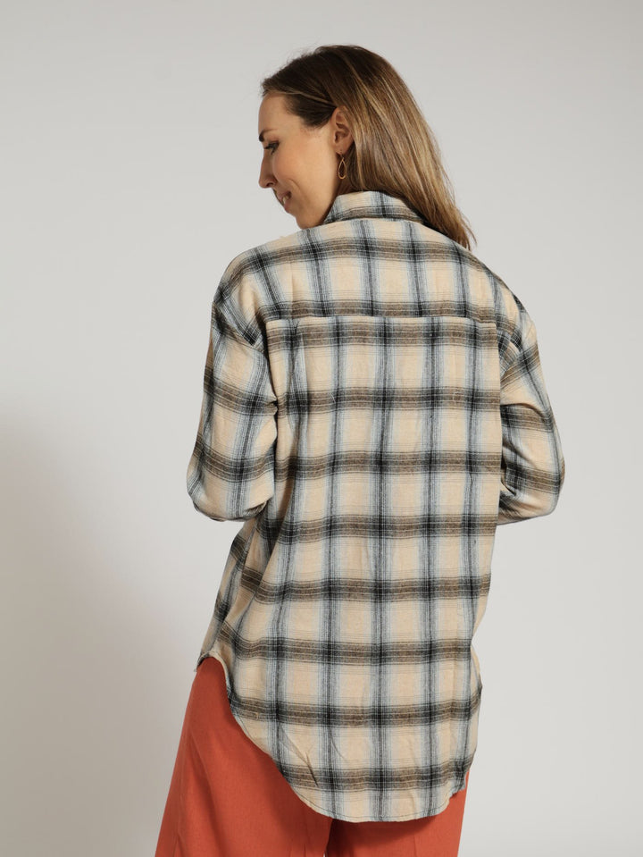 Long Sleeve Oversized Check Flannel Shirt - Blue/Black