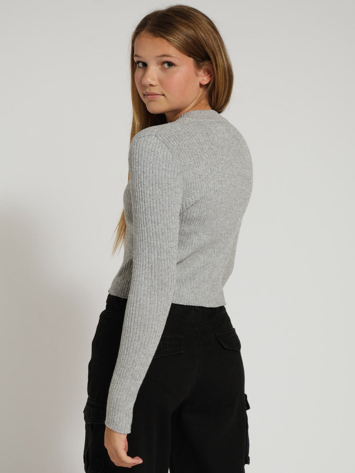 Girls Zip Through Ribbed Knit Top - Grey Melange