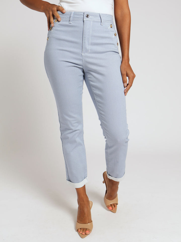 Stripe Crop Jeans With Buttons - White/Blue