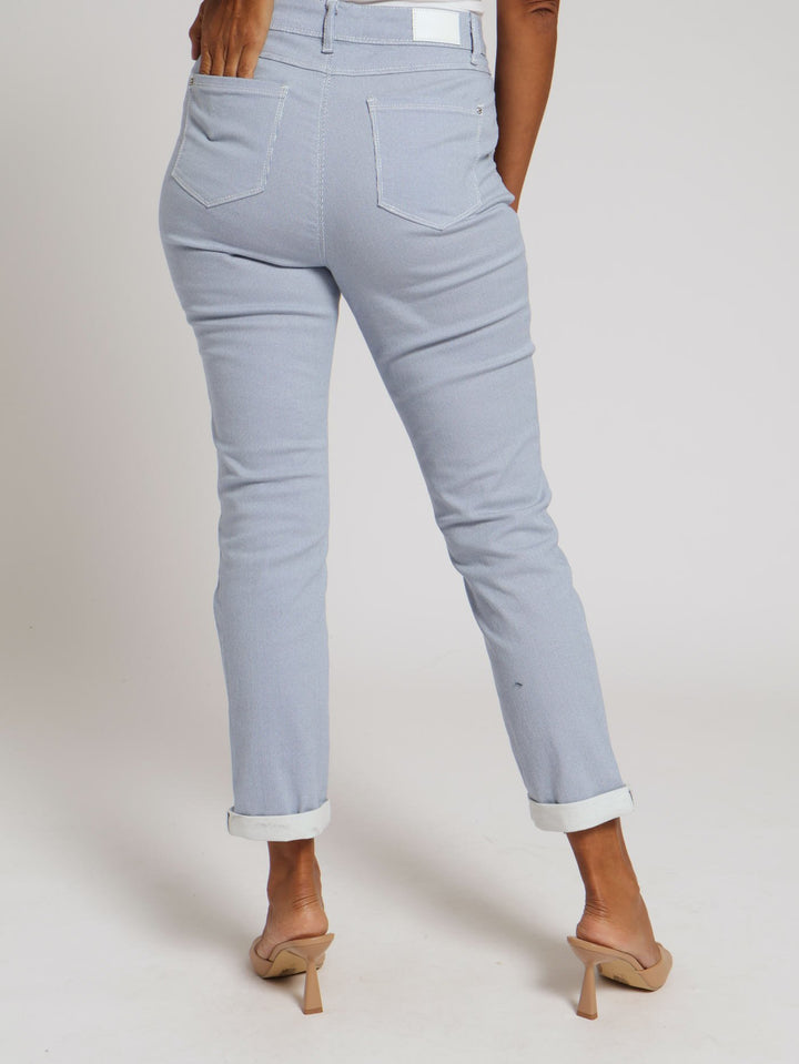 Stripe Crop Jeans With Buttons - White/Blue