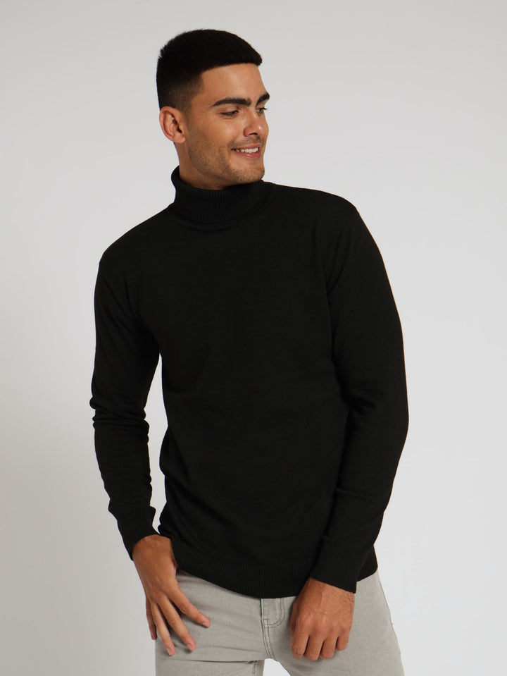 Fine Gauge Polo Neck Top - Black