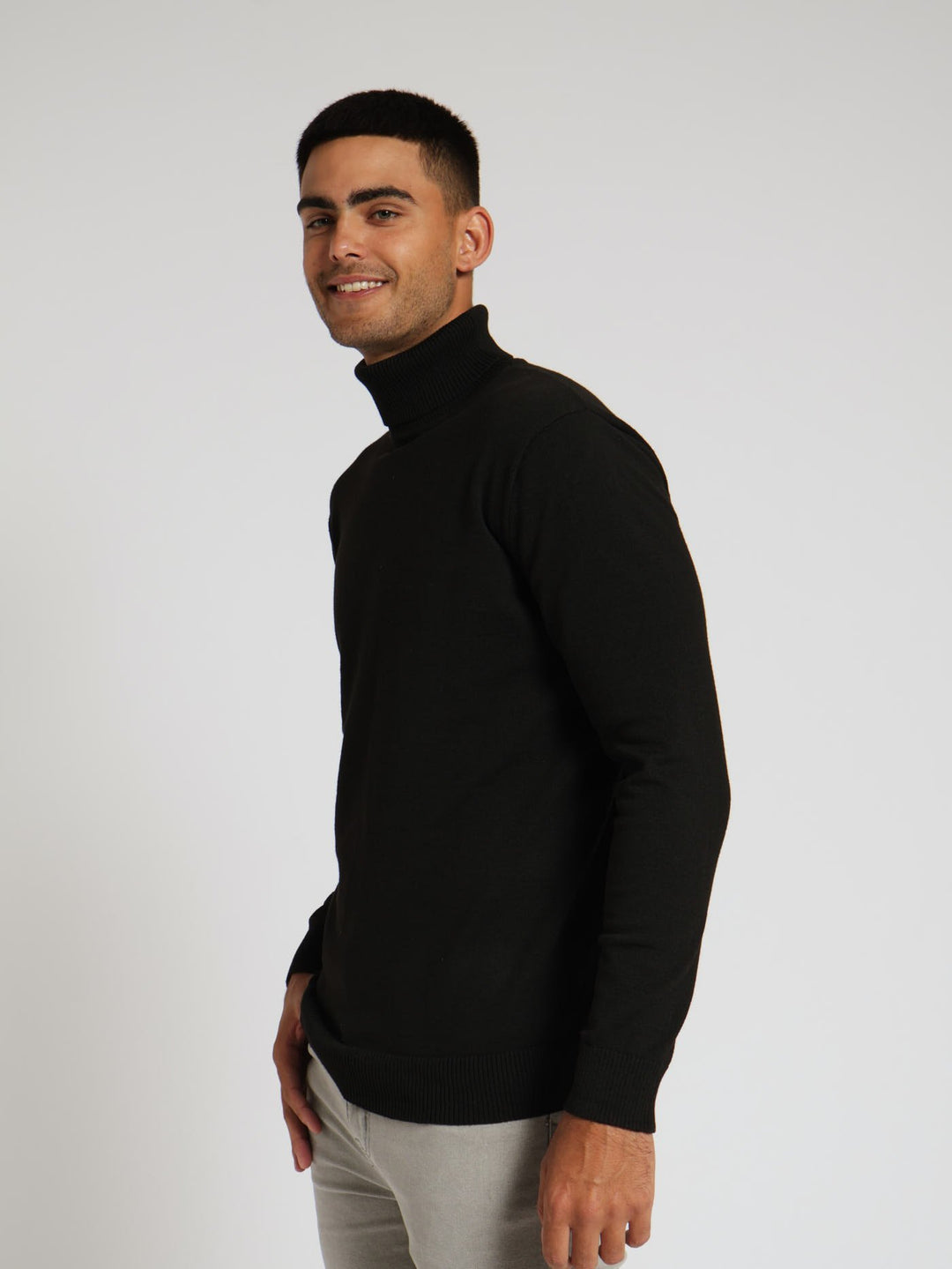 Fine Gauge Polo Neck Top - Black