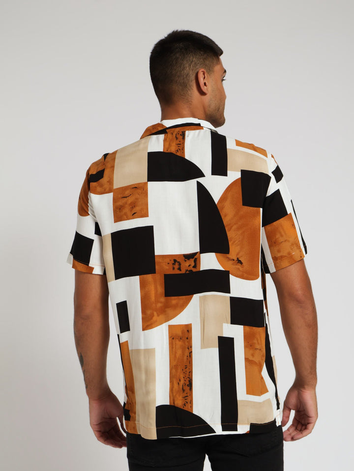 Viscose Abstract Block Print Shirt - Brown