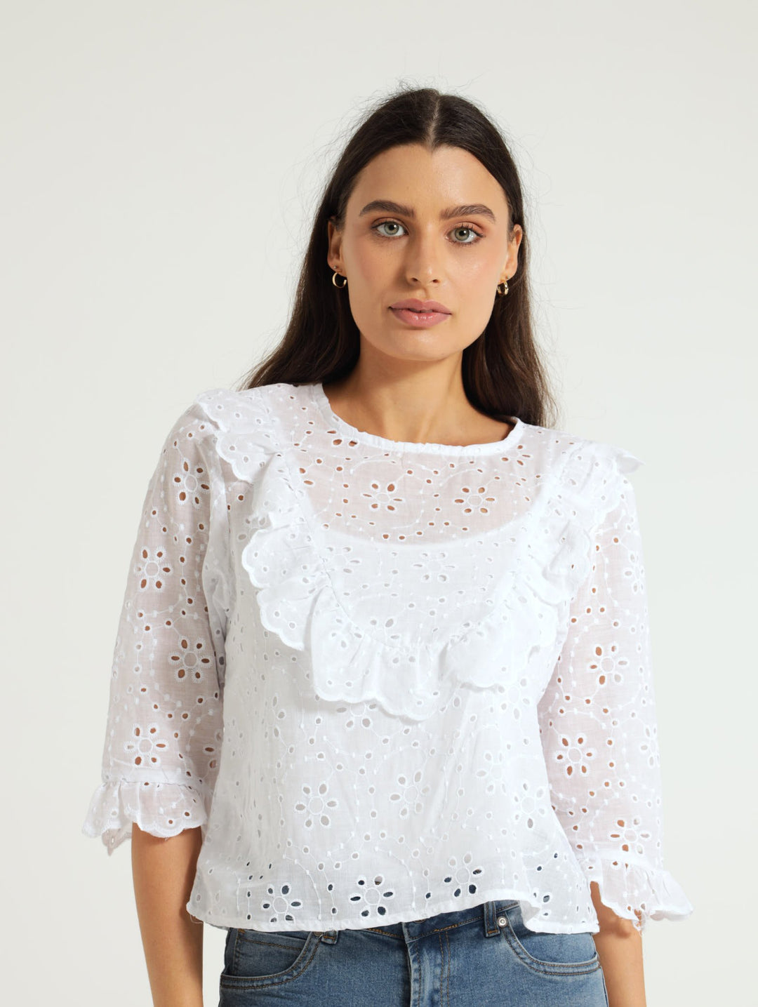 Babydoll Anglaise Top With Frill - White