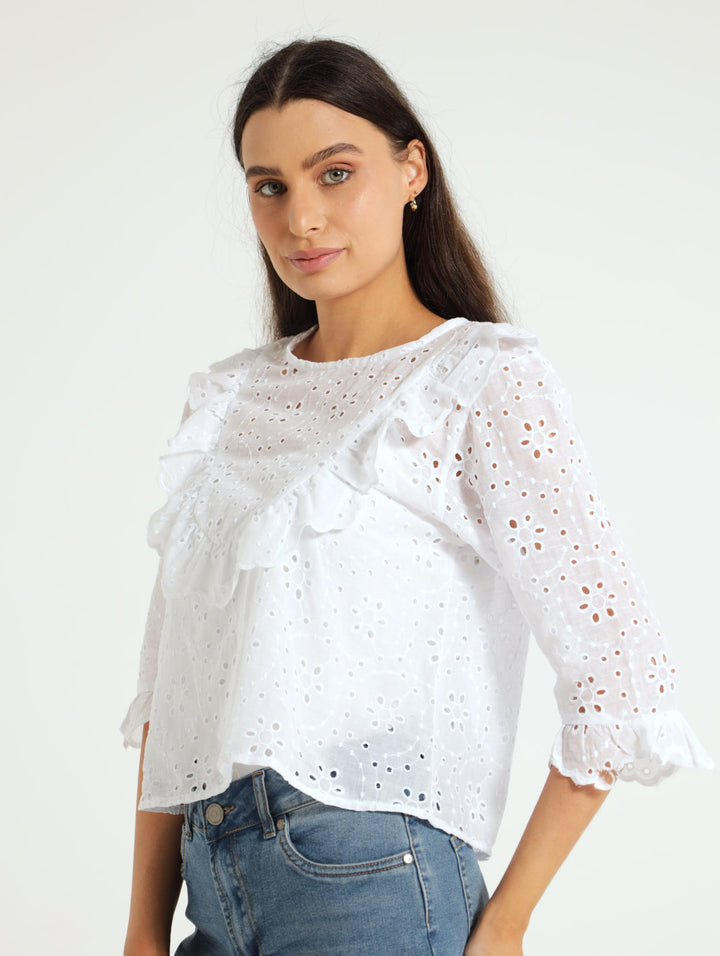 Babydoll Anglaise Top With Frill - White