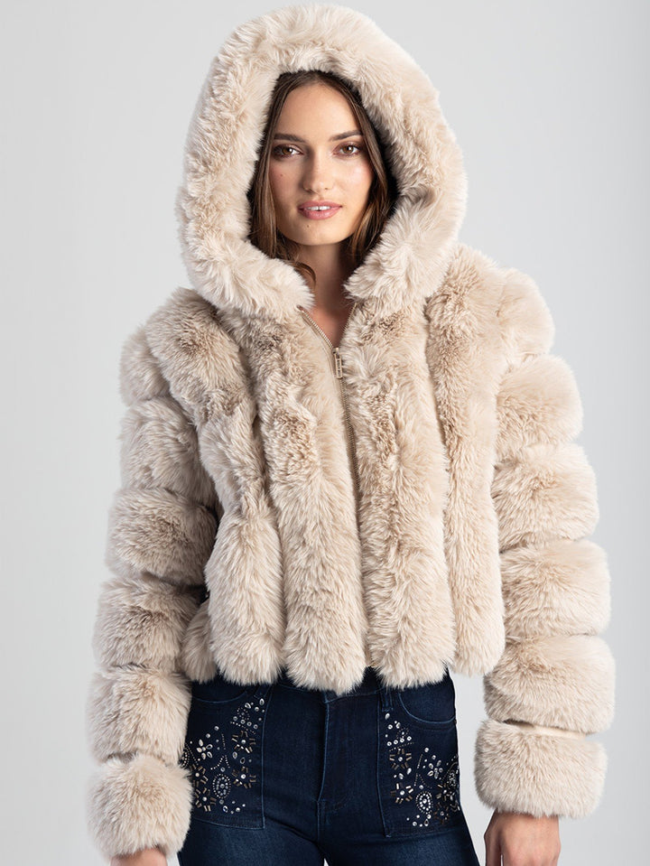 Crop Pu Jacket With Contrast Faux Fur Detailing - Mink