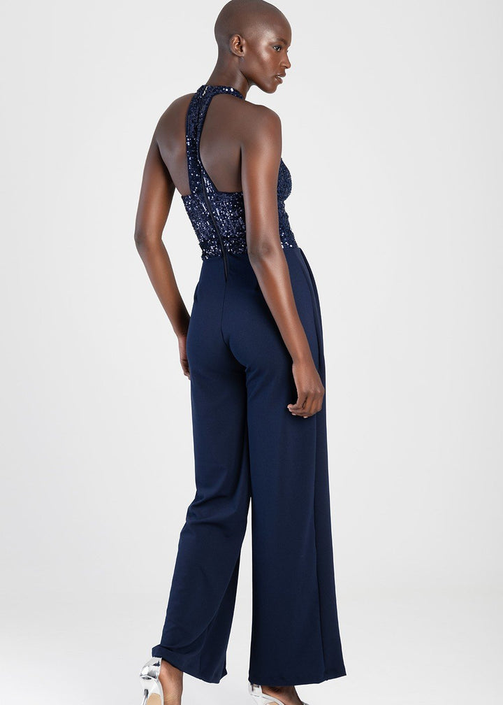 Halter Neck Jumpsuit With Keyhole - Navy