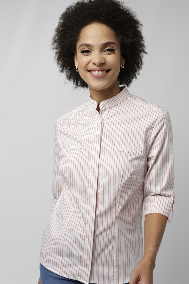 Ladies Stripe Mandarin Collar Shirt Edgars