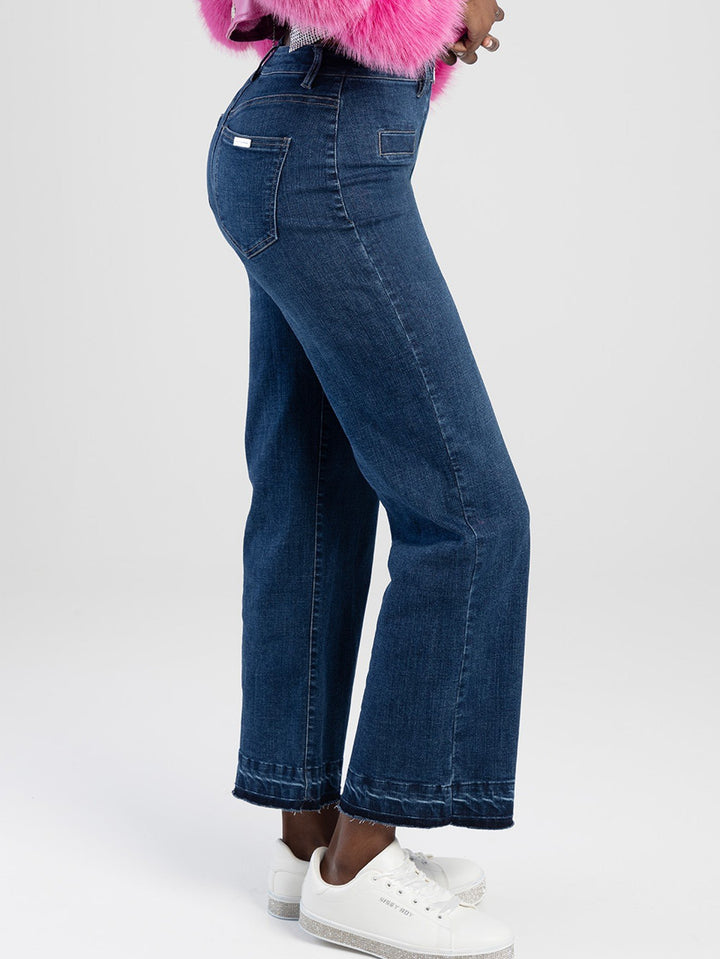 High Waist Wide Leg Denim Jean With Front Zip & Unpicked Hem - Dark Blue