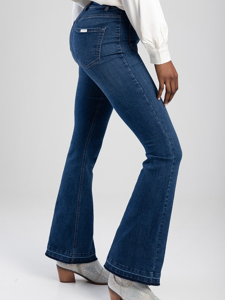 High Skinny Flare Denim Jean With Patch Pockets - Dark Blue