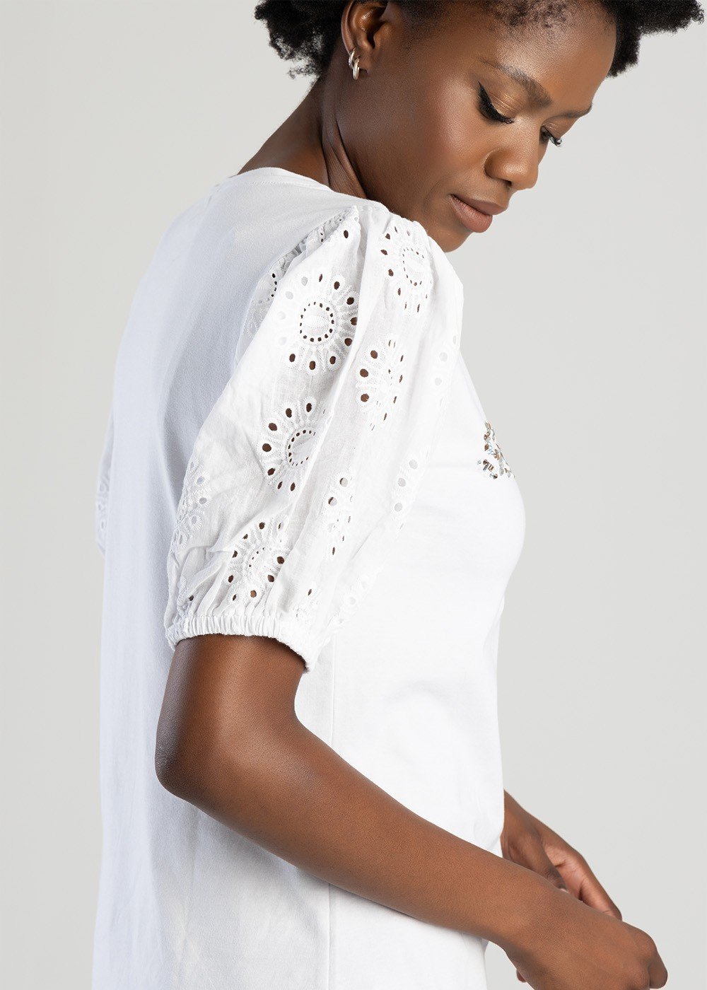 Top With Broderie Anglaise Puff Sleeves - White