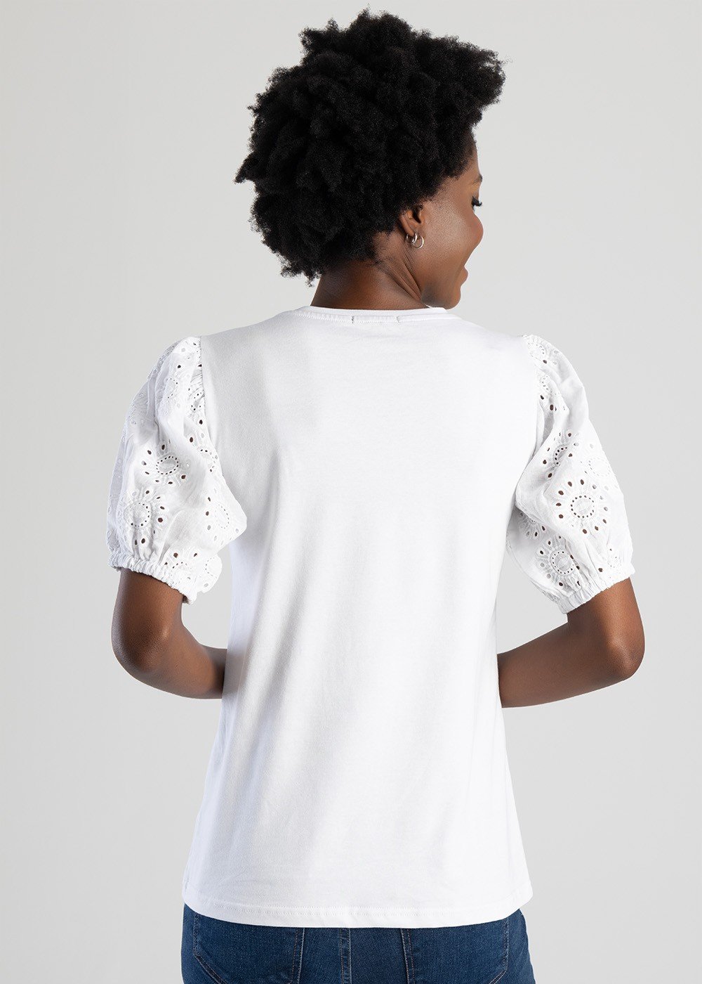 Top With Broderie Anglaise Puff Sleeves - White