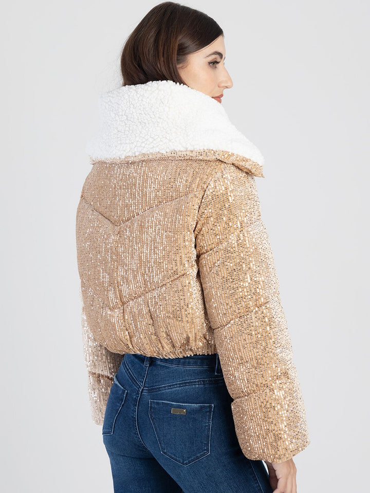 Sequin Sherpa Puffer Jacket - Gold