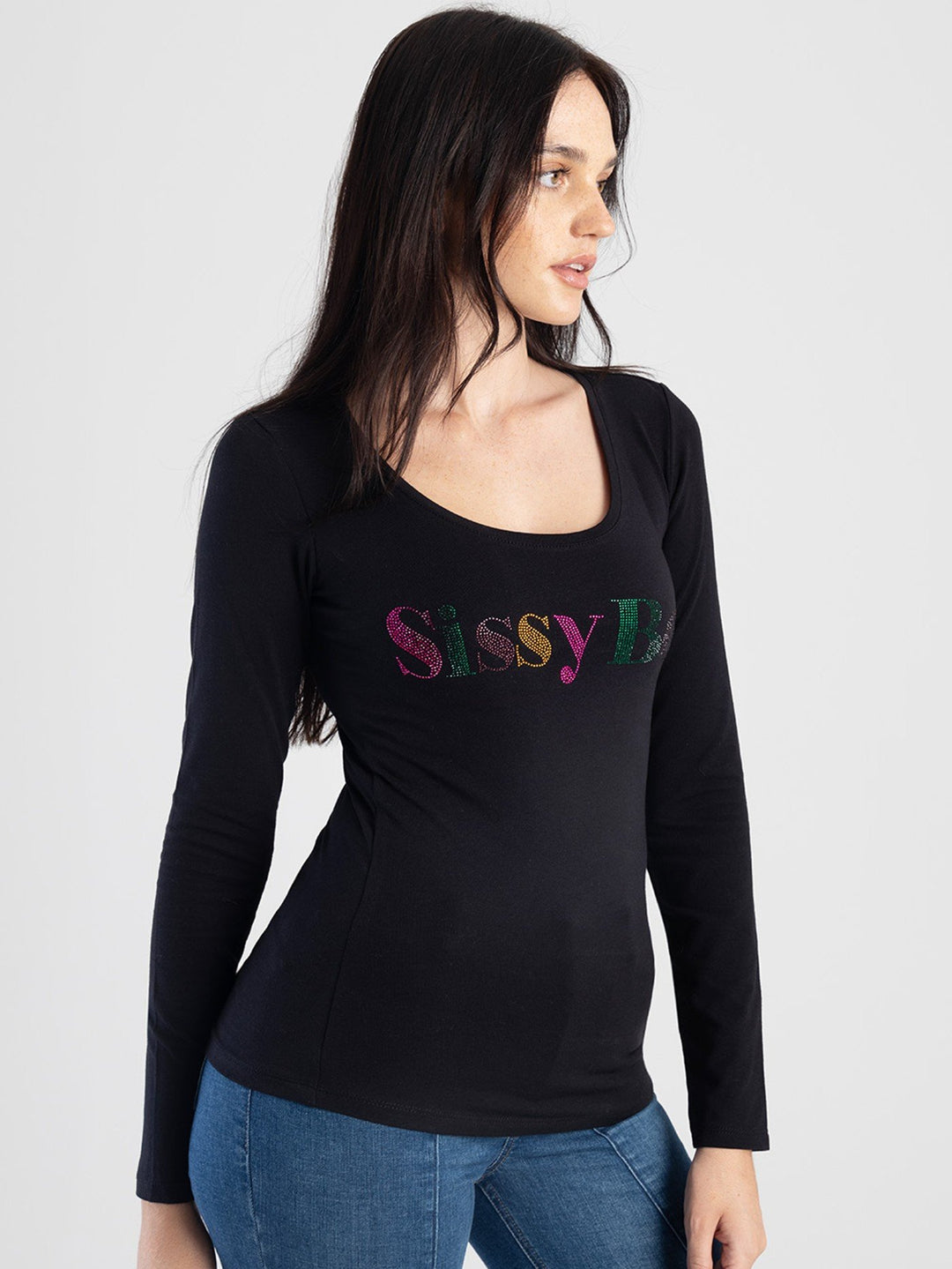 Fitted Colorful Bling Logo Top - Black