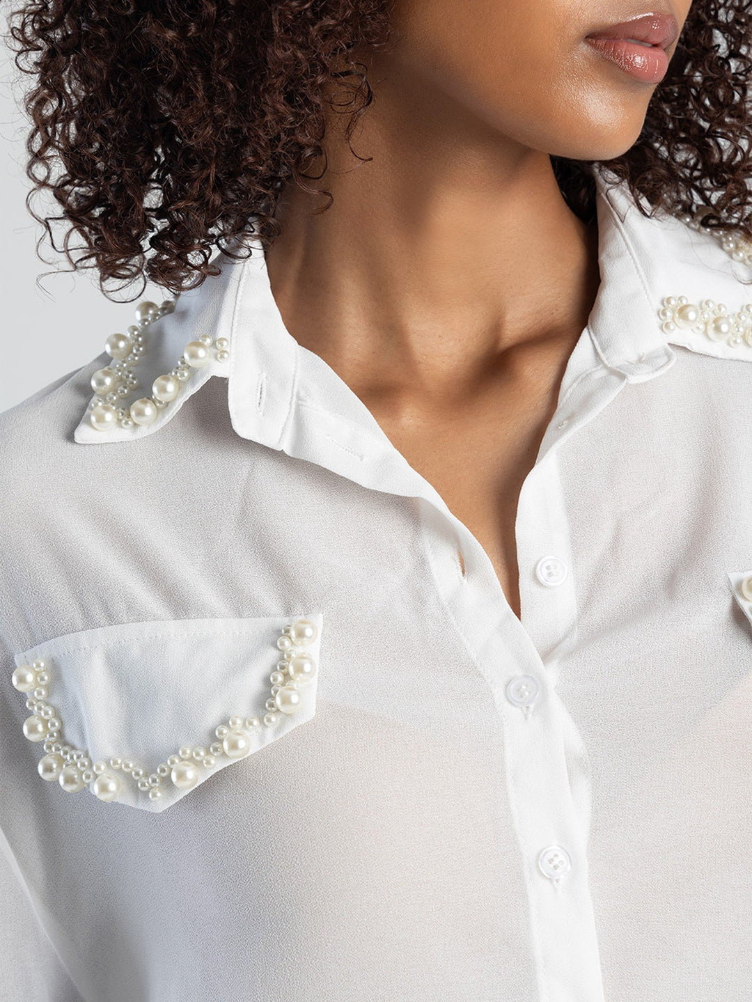 Long Sleeve Shirt With Pearl Detail - Cream