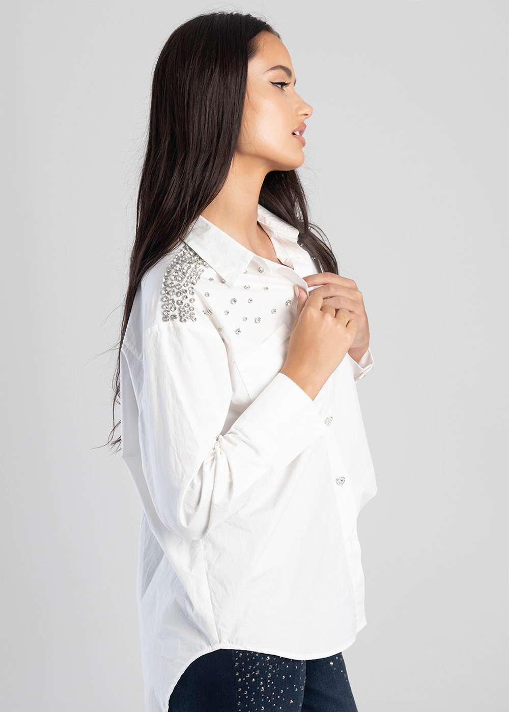 Long Sleeve Poplin Shirt With Diamond Embellishment - White