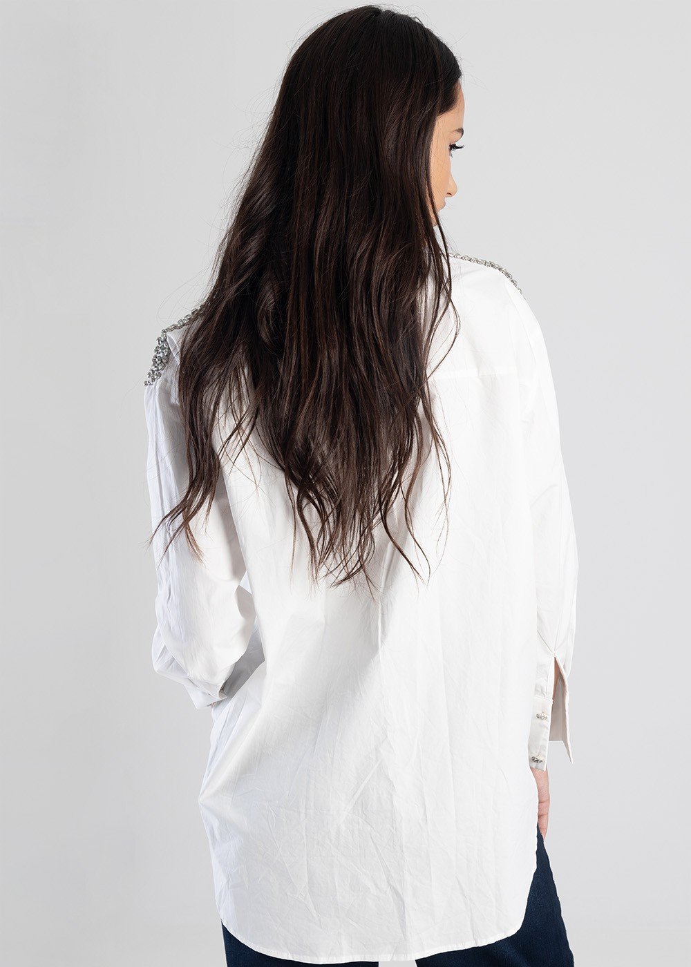 Long Sleeve Poplin Shirt With Diamond Embellishment - White