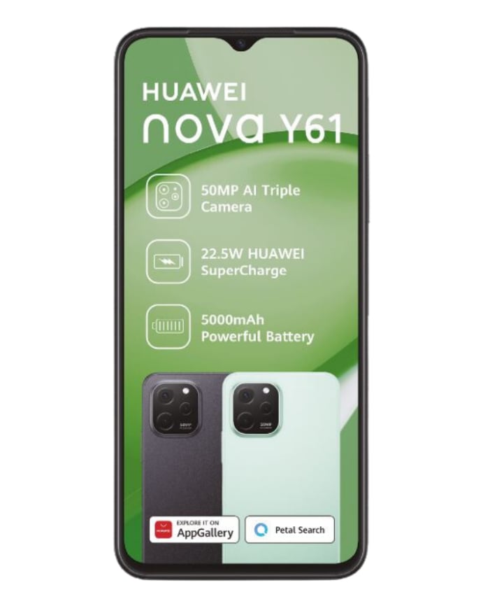 Nova Y61 Dual Sim Black Cellphone front with specs: 
50MP AI Triple Camera
22.5W Huawei SuperCharge
5000mAh Powerful Battery.